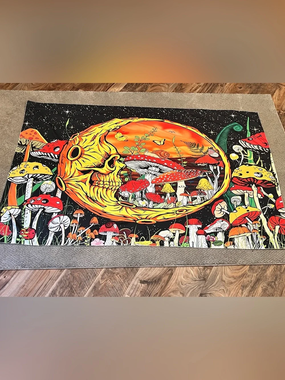 Orange & Red Psychedelic Mushroom, Butterfly, Skull Tapestry